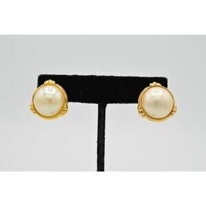 TAT Vintage Statement Earrings Chunky Round Iridescent Pearl Signed 1980s 9H